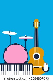 Abstract poster for art and  music festivals, lessons  with musical instruments. Vector modern backgrounds. Poster for a summer live music .  Template design. Drawing for event background and card.