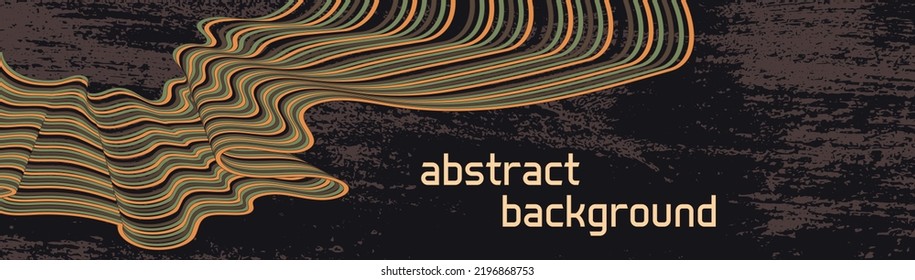 Abstract poster background design and futuristic graphics. Retro style banner with dynamic curved lines with bright colors on dark dirty and grunge background. Modern wallpaper copy space
