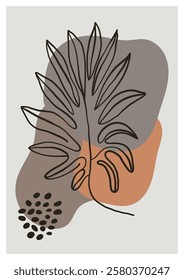 Abstract poster background: minimal shapes, tropical leaf. Wall interior.