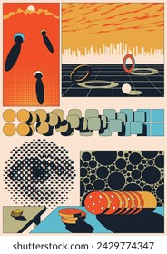 Abstract Poster Background. Perspective Grid, Cityscape, Printed Eye, Geometric Shapes Illustration