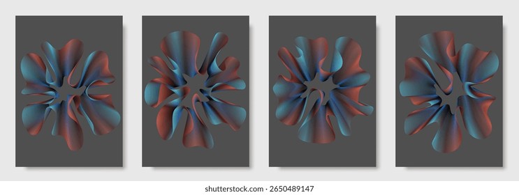 Abstract poster background vector set with colorful wavy lines. Modern vector background cover templates with 3D effects in motion. Artistic design for cover, flyer, banner, social media, music, ads.