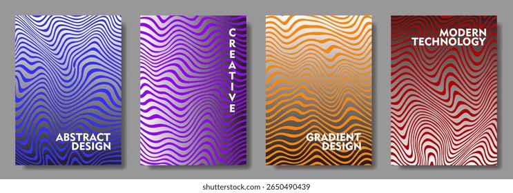 Abstract poster background vector set with colorful wavy lines. Modern vector background cover templates with 3D effects in motion. Artistic design for cover, flyer, banner, social media, music, ads.