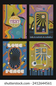 Abstract Poster Backgrounds, Psychedelic Geometric Shapes, 1970s - 1980s Colors, Poster Template Set 