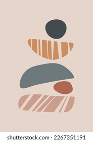 Abstract poster with balance shapes, stones. A symbol of harmony, calmness and relaxation. Boho modern print. Mid century design. Stock vector illustration