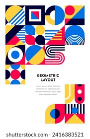 Afiche abstracto y banner con patrón geométrico bauhaus. Fondo vectorial con formas mínimas. Plantilla de diseño de arte vintage con elementos primitivos en negrita como círculos, triángulos, puntos y cuadrados