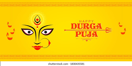 Abstract Poster/ Banner design for Celebration of Indian Religious Festival Happy Durga Puja or Shubh Navaratri with symbol of Goddess Maa Durga Face - Vector Illustration.