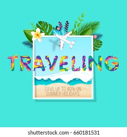 Abstract poster with a beach and sea wave in the frame, exotic leaves and flowers. Word traveling in paper cut style. Summer holidays. Vector