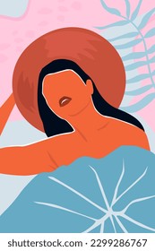 Abstract poster with a beautiful girl in a hat with bare shoulders, tanned skin against the background of summer tropical leaves. Portrait of a woman in profile on vacation. Vector graphics.