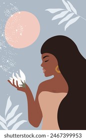Abstract poster of a beautiful girl in profile with a flower in her hand against the background of the moon. Vector graphics.
