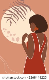 Abstract poster with a beautiful woman in an evening dress on the background of the moon and tropical leaves. Vector contemporary graphics.