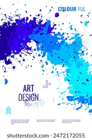 Abstract poster. Blue blots on a white background. Paint splash, drops and splashes. Place for text. Vector image.