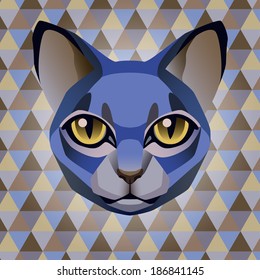 Abstract poster blue cat on a geometric rhombus background