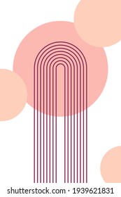 Abstract poster with boho arches and circles, in warm autumn colors. Interior wall poster. Peach boho arch in a minimalistic style. Simple minimalist banner, for interior design, trendy, modern style.