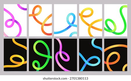 Abstract poster with bold wavy lines and swirls, colorful squiggles with hand drawn grunge texture on black and white background. Playful minimal banners with spiral line doodles vector set