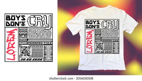 Abstract poster, boys don't cry. Stylish White T-shirt, Fashion Streetwear Prints on Clothes, in Acid Graphic style, Trending Designs