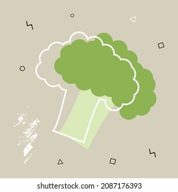 Abstract poster with broccoli. Contemporary art. Abstract elements, vegetables for social networks, cards, prints. Memphis style broccoli. Vector illustration