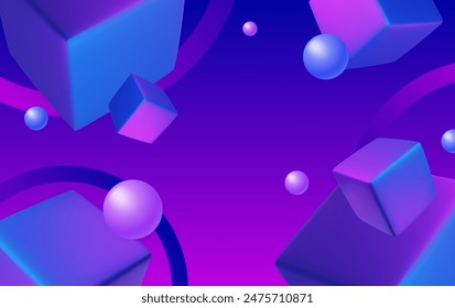 Abstract poster, brochure, flyer design background with blue and purple cubes, circles and floating balls