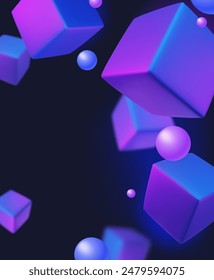 Abstract poster, brochure, flyer design background with blue and purple bright cubes and balls