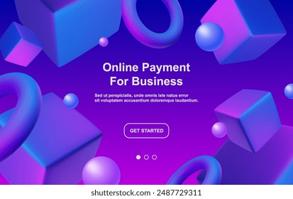 Abstract poster, brochure, flyer design background with blue and purple cubes and floating balls and toruses