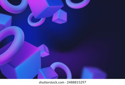 Abstract poster, brochure, flyer design background with blue and purple bright cubes and toruses