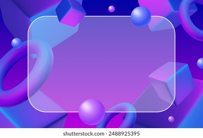 Abstract poster, brochure, flyer design background with blue and purple cubes, circles, floating balls, toruses and transparent frame