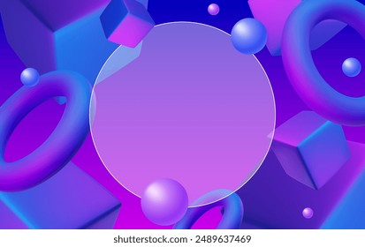 Abstract poster, brochure, flyer design background with blue and purple cubes, circles, floating balls, toruses and transparent frame