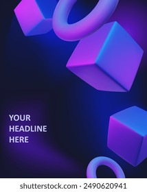 Abstract poster, brochure, flyer design background with blue and purple cubes and toruses