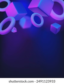 Abstract poster, brochure, flyer design background with blue and purple bright cubes and toruses