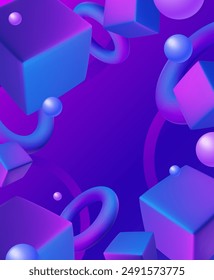 Abstract poster, brochure, flyer design background with blue and purple cubes, circles, floating balls and toruses