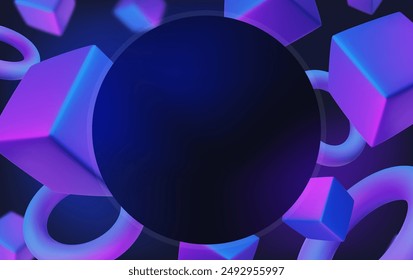 Abstract poster, brochure, flyer design background with blue and purple cubes and toruses 