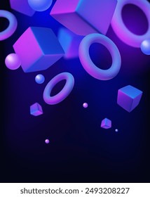 Abstract poster, brochure, flyer design background with blue and purple bright cubes, balls and toruses