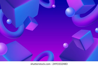 Abstract poster, brochure, flyer design background with blue and purple cubes and floating balls and toruses