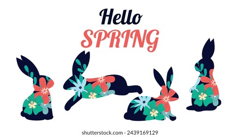 Abstract poster with bunnies and flowers in hand drawn style. Vector. Hi spring. Modern trendy. Clipart. Traditional bunny. Modern trendy design. Doodle. Easter. Family and holiday. Line art