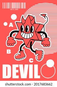 Abstract poster cheerful devil, in cartoon style. Acid graphic, text design, isolated on red background