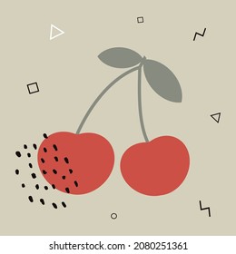 Abstract poster with cherry. Contemporary art. Abstract elements, fruits and berry for social networks, cards, prints. Memphis style cherry. Vector illustration