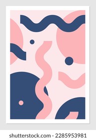 Afiche abstracto con círculos de diferentes tamaños y líneas onduladas. Ilustración vectorial de formas simples redondeadas y alargadas localizadas al azar. Diseño interior.