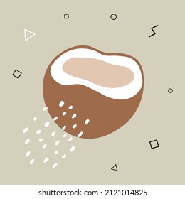 Abstract poster with coconut. Contemporary art. Abstract elements, fruits and berry for social networks, cards, prints. Memphis style coconut. Vector illustration