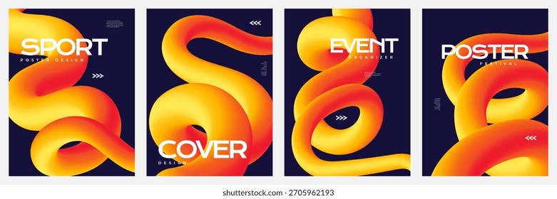 Colección Abstractas del cartel con las líneas anaranjadas curvas 3D en fondo azul. Diseño creativo de Plantilla de volantes, Anuncios o carteles para promoción de marca, publicidad y redes sociales