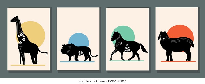 Abstract poster collection with animals: giraffe, lion, horse, sheep. Set of contemporary scandinavian art print templates. Ink animals with floral ornament and geometrical shapes on the background.