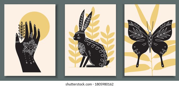 Abstract poster collection with animals, hare, insects, butterfly, hand with mehendi. Set of contemporary scandinavian print templates. Ink animals with floral ornament and floral shapes on background