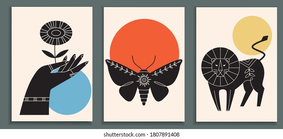 Abstract poster collection with animals, insects, hand holding flowers. Set of contemporary scandinavian art print templates with lion and moth. Ink animals with floral ornament and geometrical shapes