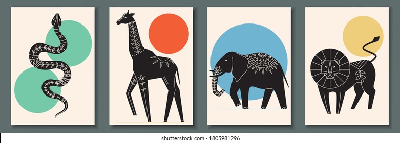Abstract poster collection with animals and reptiles: snake, giraffe, elephant, lion. Set of contemporary scandinavian print templates. Ink animals with floral ornament and geometrical shapes on back