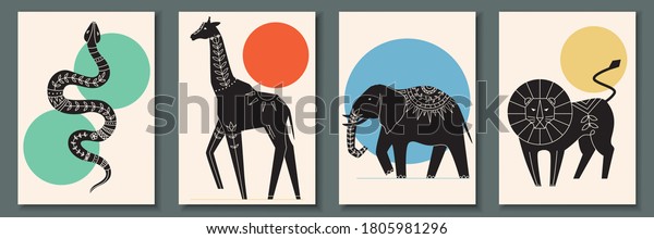 動物と爬虫類を含む抽象的ポスターコレクション 蛇 キリン 象 ライオン 現代の北欧印刷テンプレートのセット 花柄と幾何学模様を背にしたインク動物 のベクター画像素材 ロイヤリティフリー