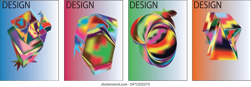 Abstract poster collection with colorful 3d geometric shapes. Geometric gradient background in minimal style. Ideal for cover, banner, invitation, business flyer. Vector illustration