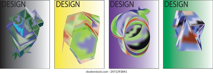Abstract poster collection with colorful 3d geometric shapes. Geometric gradient background in minimal style. Ideal for cover, banner, invitation, business flyer. Vector illustration