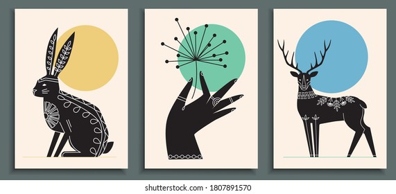 Abstract poster collection with hand holding flower, animals: deer, hare. Set of contemporary scandinavian print templates. Ink animals with floral ornament and geometrical shapes on the background. 