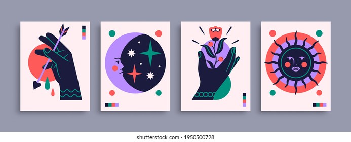 Abstract poster collection with hands, animals and abstract elements and shapes. Set of contemporary print templates. Vector illustration