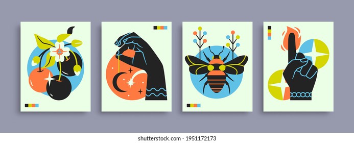 Colección abstracta de afiches con manos, animales y elementos y formas abstractos. Conjunto de plantillas de impresión contemporáneas. Ilustración del vector