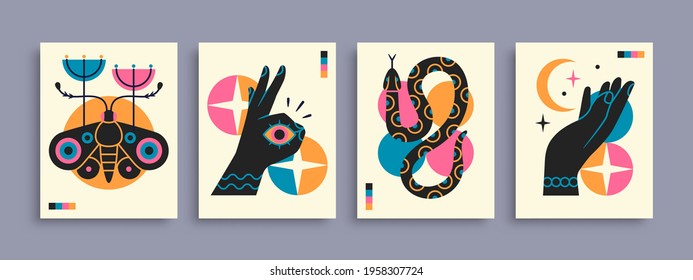 Abstract poster collection with hands, animals and abstract elements and shapes. Set of contemporary print templates. Vector illustration