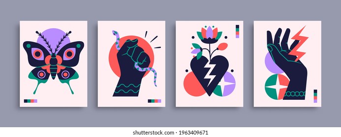 Abstract poster collection with hands, animals and abstract elements and shapes. Set of contemporary print templates. Vector illustration